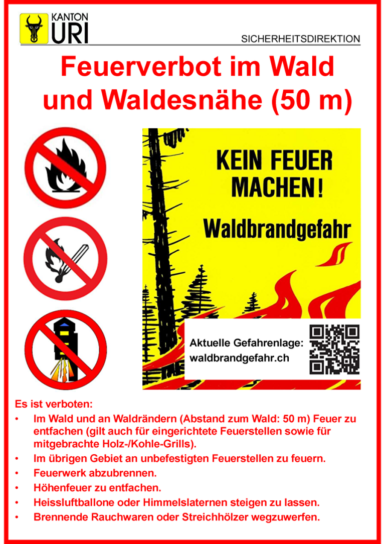 Uri: Behörden verhängen Feuerverbot bis auf Weiteres